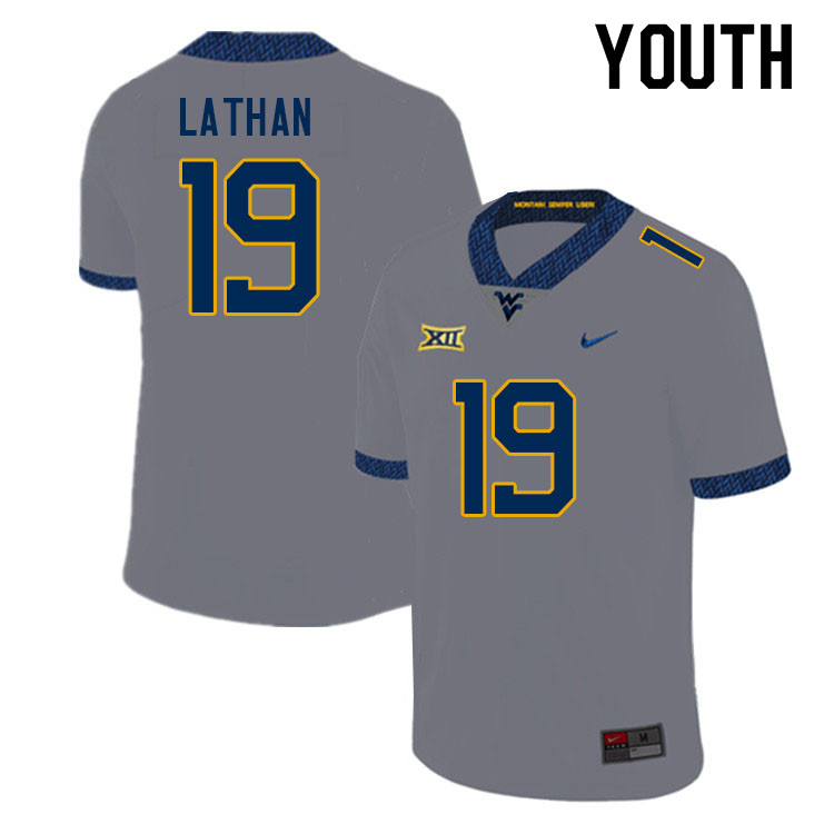 Youth #19 Trey Lathan West Virginia Mountaineers College Football Jerseys Sale-Gray